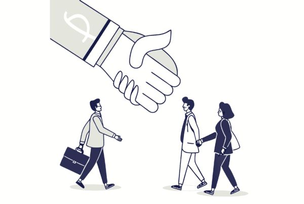 Stylized handshake between medical and business entities surrounded by advisor figures in green, symbolizing SovDoc's valuation consulting services for orthopedic and post-surgical rehabilitation practice mergers and acquisitions.