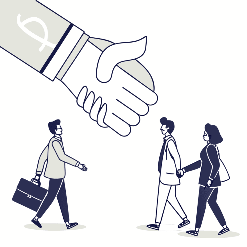 Stylized handshake between medical and business entities surrounded by advisor figures in green, symbolizing SovDoc's valuation consulting services for orthopedic and post-surgical rehabilitation practice mergers and acquisitions.
