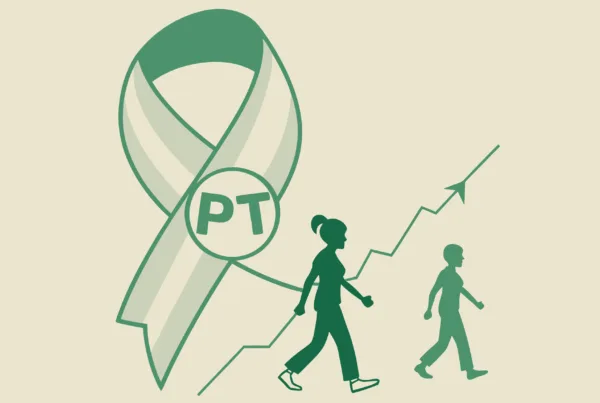 Abstract green illustration representing physical therapy practice valuation and M&A, showing merged entities with upward growth indicators - SovDoc healthcare M&A consultants specialize in outpatient PT practice mergers and acquisitions.