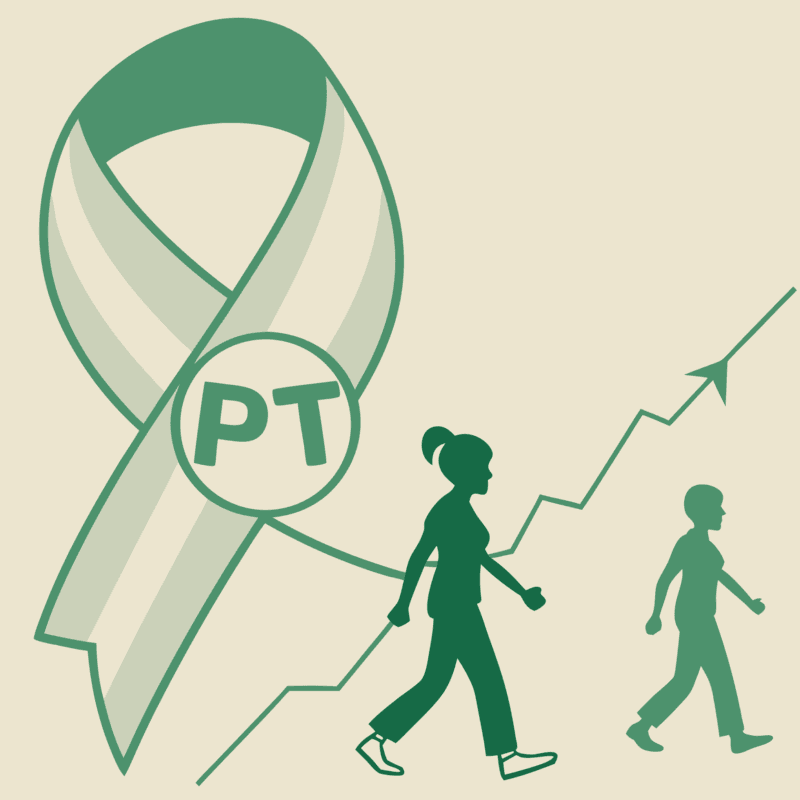 Abstract green illustration representing physical therapy practice valuation and M&A, showing merged entities with upward growth indicators - SovDoc healthcare M&A consultants specialize in outpatient PT practice mergers and acquisitions.
