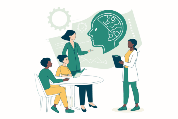 SovDoc healthcare M&A advisors discussing plastic surgery practice valuations and acquisitions, illustrated as professionals collaborating around a table with surgical and financial data visualization.