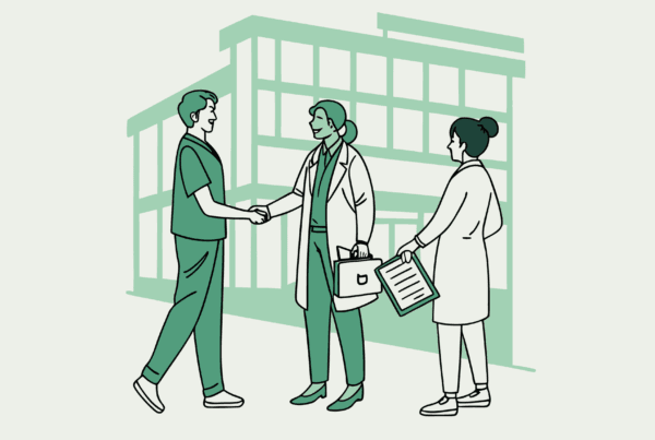 SovDoc healthcare M&A illustration showing valuation consultants collaborating with physicians and executives in primary care practice mergers and acquisitions, representing the collaborative partnership in healthcare valuation services.
