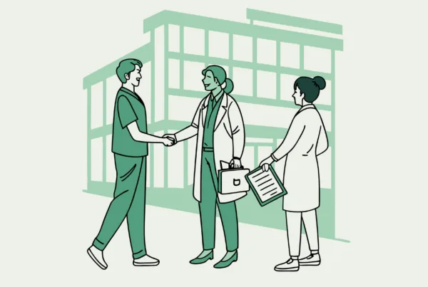 SovDoc healthcare M&A illustration showing valuation consultants collaborating with physicians and executives in primary care practice mergers and acquisitions, representing the collaborative partnership in healthcare valuation services.