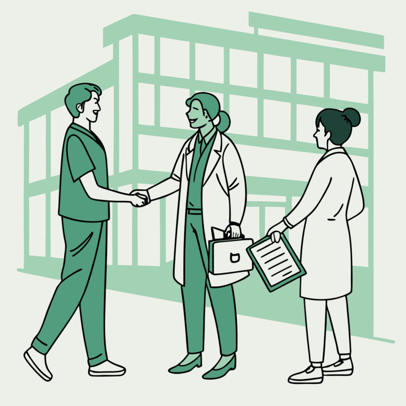SovDoc healthcare M&A illustration showing valuation consultants collaborating with physicians and executives in primary care practice mergers and acquisitions, representing the collaborative partnership in healthcare valuation services.