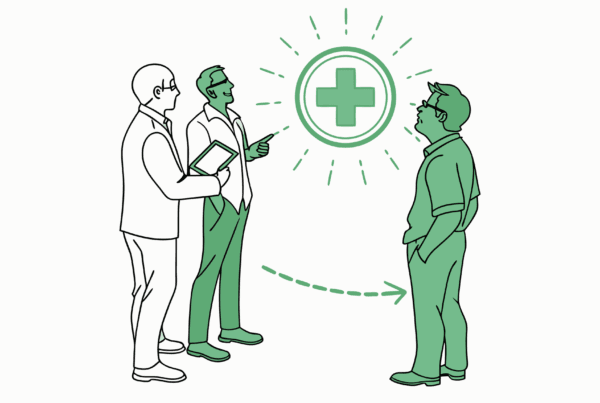 SovDoc illustration of healthcare advisors consulting on radiology practice mergers and acquisitions, with symbolic elements representing growth in medical practice valuation.
