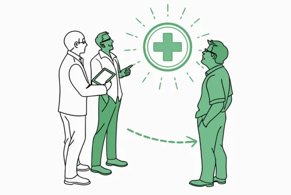 SovDoc illustration of healthcare advisors consulting on radiology practice mergers and acquisitions, with symbolic elements representing growth in medical practice valuation.