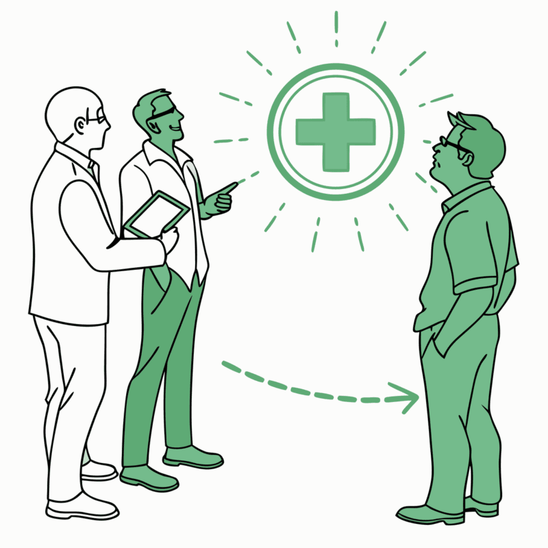 SovDoc illustration of healthcare advisors consulting on radiology practice mergers and acquisitions, with symbolic elements representing growth in medical practice valuation.