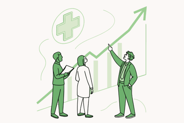 Business professionals discussing growth metrics for sports medicine clinic valuations. SovDoc healthcare M&A consultants analyzing performance therapy practice mergers and acquisitions opportunities.
