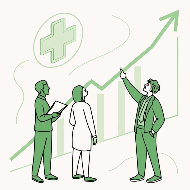 Business professionals discussing growth metrics for sports medicine clinic valuations. SovDoc healthcare M&A consultants analyzing performance therapy practice mergers and acquisitions opportunities.