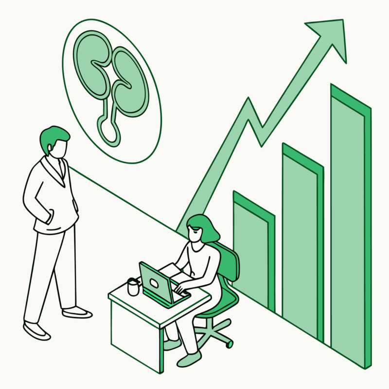 Illustration representing urology practice valuation consultants for medical mergers and acquisitions | SovDoc healthcare M&A advisory services with medical and financial elements integrated in a minimalist green design