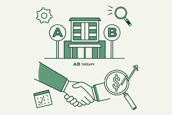 Stylized illustration of two figures shaking hands beside a clinic with financial graphs, representing SovDoc's advisory services for clinic-based ABA therapy mergers and acquisitions. The image symbolizes the due diligence process for healthcare M&A transactions.