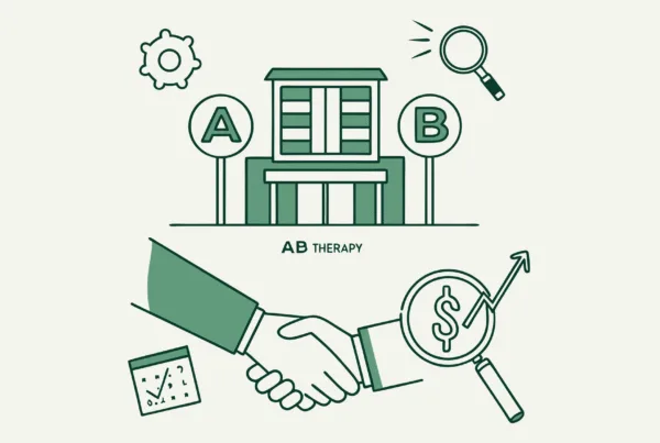 Stylized illustration of two figures shaking hands beside a clinic with financial graphs, representing SovDoc's advisory services for clinic-based ABA therapy mergers and acquisitions. The image symbolizes the due diligence process for healthcare M&A transactions.