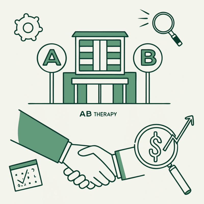 Stylized illustration of two figures shaking hands beside a clinic with financial graphs, representing SovDoc's advisory services for clinic-based ABA therapy mergers and acquisitions. The image symbolizes the due diligence process for healthcare M&A transactions.