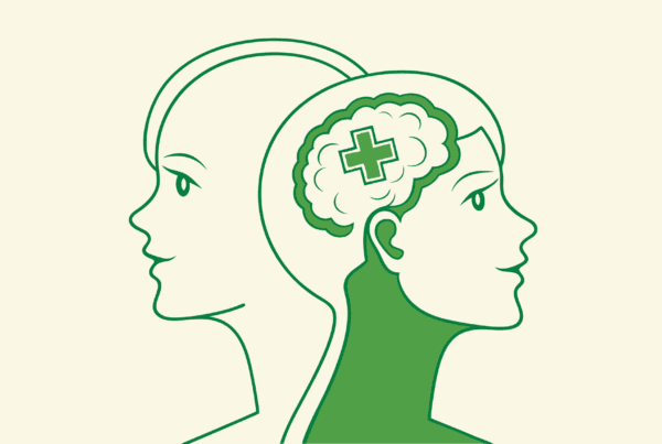 Abstract illustration representing behavioral health acquisitions in geriatric care, showing merging entities under medical oversight with brain symbolism - SovDoc healthcare M&A advisory for geriatric behavioral health practice mergers