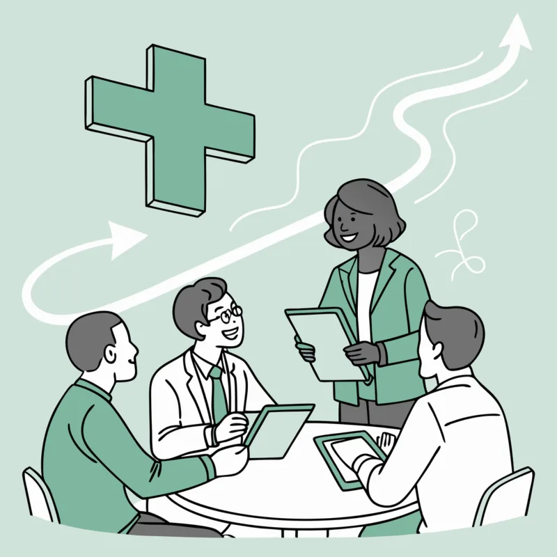 SovDoc healthcare M&A advisors collaborating around a table with hospice care symbolism, discussing auditing best practices for medical practice mergers and acquisitions in the hospice sector.