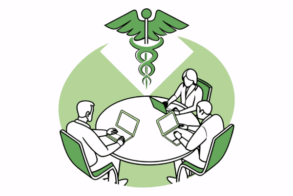 Stylized illustration of healthcare professionals at a roundtable discussing occupational and hand therapy practice M&A, featuring a caduceus symbol representing medical expertise. SovDoc advisory services for therapy practice mergers and acquisitions.