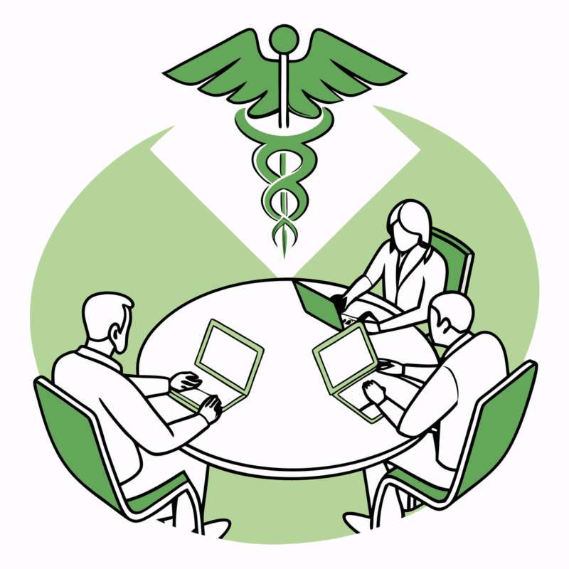 Stylized illustration of healthcare professionals at a roundtable discussing occupational and hand therapy practice M&A, featuring a caduceus symbol representing medical expertise. SovDoc advisory services for therapy practice mergers and acquisitions.