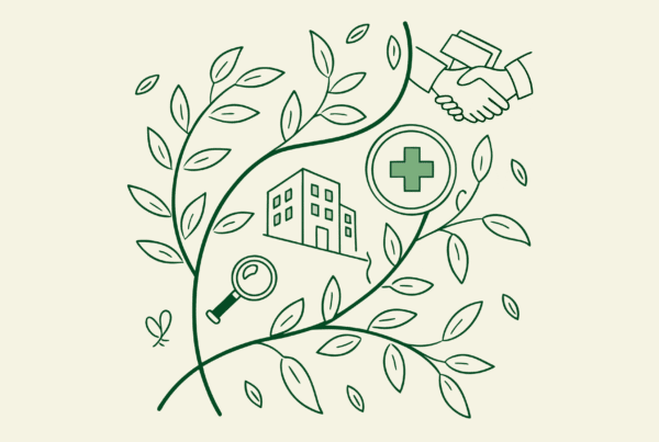 Interconnected green vines forming a medical cross with business icons, representing SovDoc's advisory services for palliative care practice mergers and acquisitions in healthcare M&A.