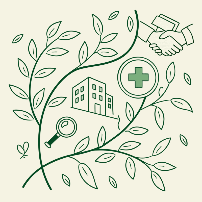 Interconnected green vines forming a medical cross with business icons, representing SovDoc's advisory services for palliative care practice mergers and acquisitions in healthcare M&A.