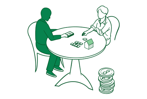 Stylized illustration of a healthcare M&A advisory roundtable for pediatric physical therapy practices, showing silhouetted figures discussing financial assets and practice facilities, with symbolic hands representing pediatric care. SovDoc facilitates medical practice mergers and acquisitions in specialized healthcare sectors.