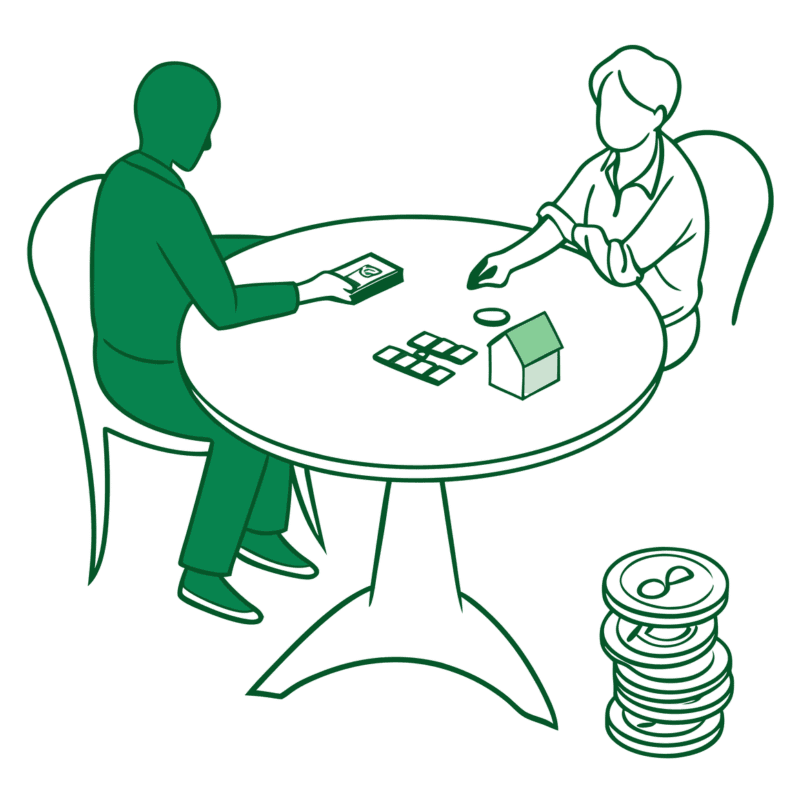Stylized illustration of a healthcare M&A advisory roundtable for pediatric physical therapy practices, showing silhouetted figures discussing financial assets and practice facilities, with symbolic hands representing pediatric care. SovDoc facilitates medical practice mergers and acquisitions in specialized healthcare sectors.