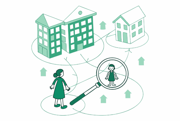 Vector illustration showing abstract figures examining healthcare merger opportunities through a magnifying glass, with interconnected nursing facilities and advisory buildings in the background - representing SovDoc's skilled nursing facility (SNF) M&A advisory services.