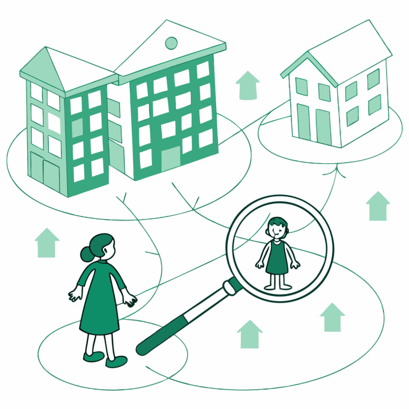 Vector illustration showing abstract figures examining healthcare merger opportunities through a magnifying glass, with interconnected nursing facilities and advisory buildings in the background - representing SovDoc's skilled nursing facility (SNF) M&A advisory services.