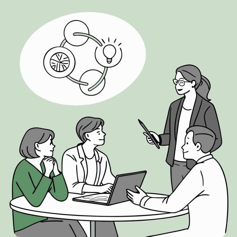 SovDoc healthcare M&A professionals collaborating around a table with holographic merger and acquisition projections, representing advisory services for business lawyers in assisted living facility medical practice transactions.