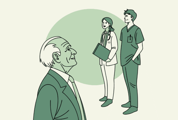 SovDoc illustration depicting a business lawyer, geriatric specialist, and medical professional collaborating on behavioral health practice mergers and acquisitions, symbolizing strategic healthcare M&A partnerships.