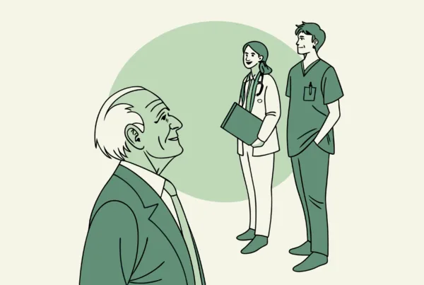 SovDoc illustration depicting a business lawyer, geriatric specialist, and medical professional collaborating on behavioral health practice mergers and acquisitions, symbolizing strategic healthcare M&A partnerships.
