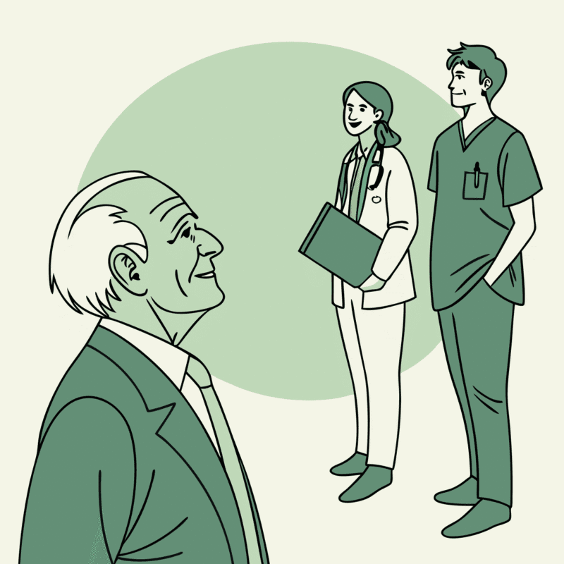 SovDoc illustration depicting a business lawyer, geriatric specialist, and medical professional collaborating on behavioral health practice mergers and acquisitions, symbolizing strategic healthcare M&A partnerships.