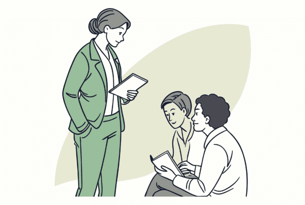 Illustration of an advisory meeting for hospice care M&A transactions, showing a business lawyer consulting with healthcare professionals about medical practice mergers and acquisitions - SovDoc healthcare transaction specialists.