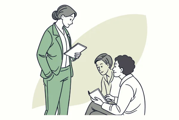 Illustration of an advisory meeting for hospice care M&A transactions, showing a business lawyer consulting with healthcare professionals about medical practice mergers and acquisitions - SovDoc healthcare transaction specialists.