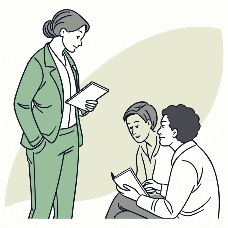 Illustration of an advisory meeting for hospice care M&A transactions, showing a business lawyer consulting with healthcare professionals about medical practice mergers and acquisitions - SovDoc healthcare transaction specialists.