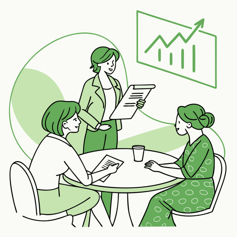 SovDoc healthcare M&A advisors discussing memory care center acquisition strategies around a conference table with financial growth projections, illustrating professional consultation for medical practice mergers in the senior care sector.