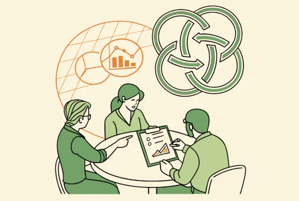 SovDoc illustration of business lawyers advising on occupational and hand therapy practice mergers and acquisitions, depicting professionals collaborating around a table with medical and financial elements.