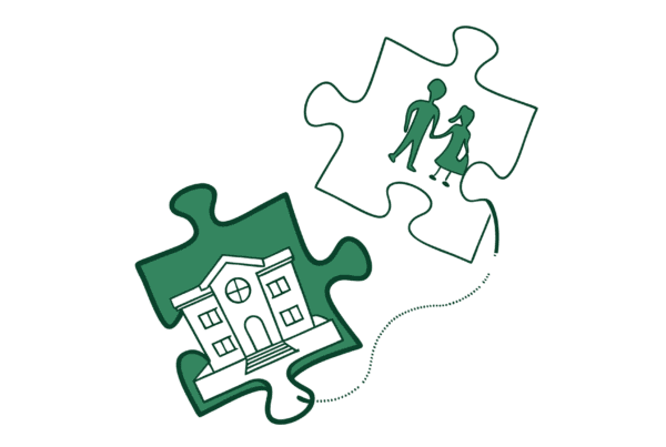 Stylized green jigsaw pieces connected by a gavel-shaped line representing SovDoc's legal advisory services for school and community-based healthcare practice mergers and acquisitions.
