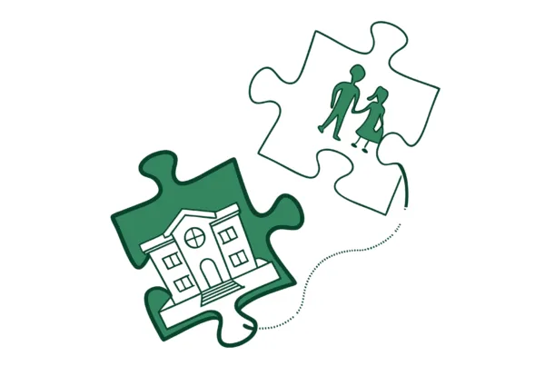 Stylized green jigsaw pieces connected by a gavel-shaped line representing SovDoc's legal advisory services for school and community-based healthcare practice mergers and acquisitions.