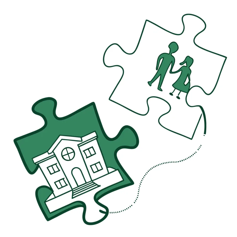 Stylized green jigsaw pieces connected by a gavel-shaped line representing SovDoc's legal advisory services for school and community-based healthcare practice mergers and acquisitions.