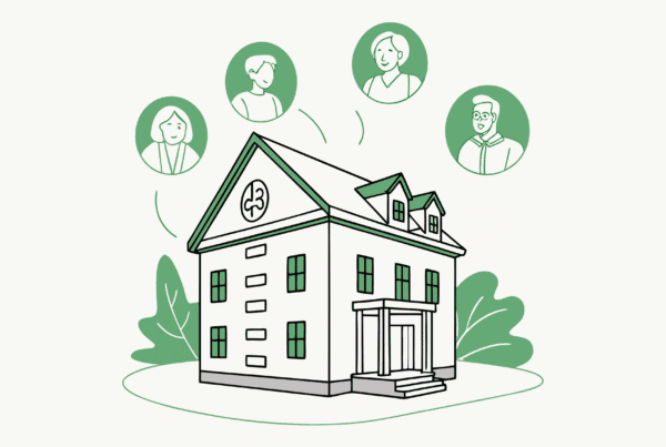 Vector illustration showing a central skilled nursing facility building surrounded by abstract green shapes representing law firms, symbolizing SovDoc's healthcare M&A advisory services for SNF legal considerations in practice mergers and acquisitions.