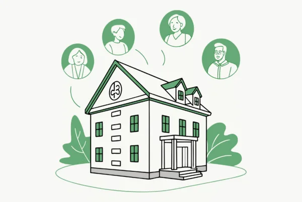 Vector illustration showing a central skilled nursing facility building surrounded by abstract green shapes representing law firms, symbolizing SovDoc's healthcare M&A advisory services for SNF legal considerations in practice mergers and acquisitions.