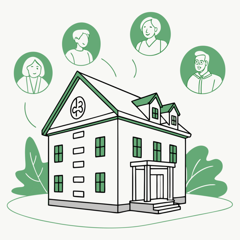Vector illustration showing a central skilled nursing facility building surrounded by abstract green shapes representing law firms, symbolizing SovDoc's healthcare M&A advisory services for SNF legal considerations in practice mergers and acquisitions.