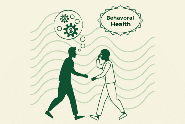Abstract minimalist illustration representing healthcare M&A in geriatric behavioral health - figures shaking hands symbolize mergers and acquisitions in the healthcare sector, with subtle financial and compliance elements. SovDoc advisor roundup for compliance lawyers specializing in behavioral health practice transactions.