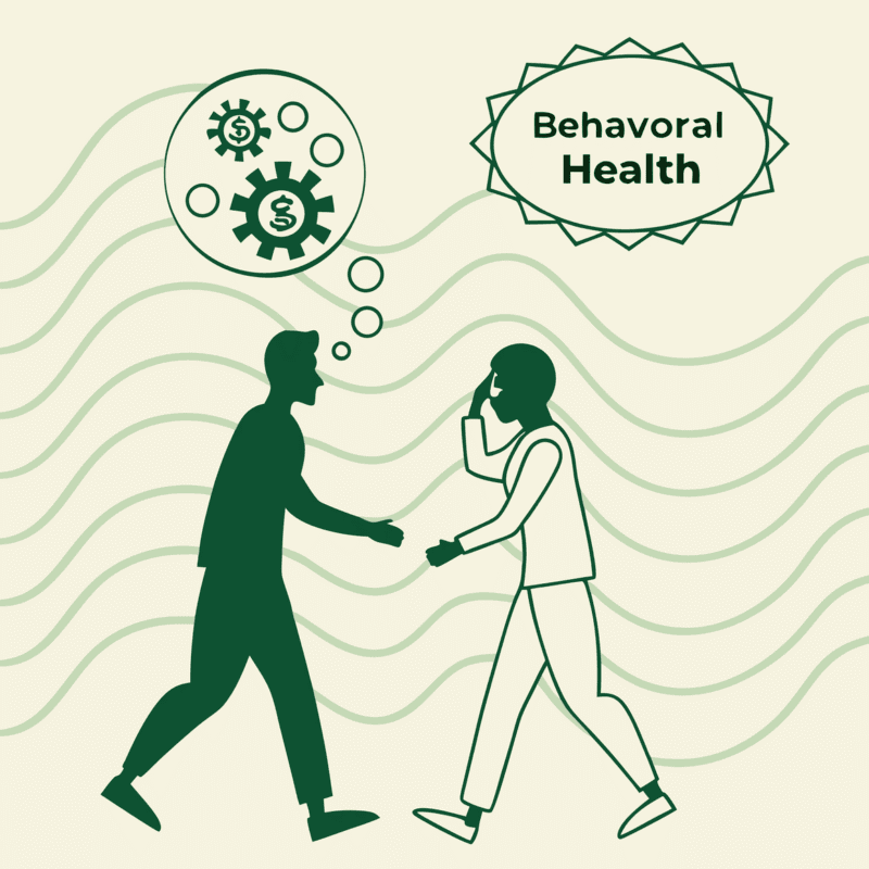Abstract minimalist illustration representing healthcare M&A in geriatric behavioral health - figures shaking hands symbolize mergers and acquisitions in the healthcare sector, with subtle financial and compliance elements. SovDoc advisor roundup for compliance lawyers specializing in behavioral health practice transactions.