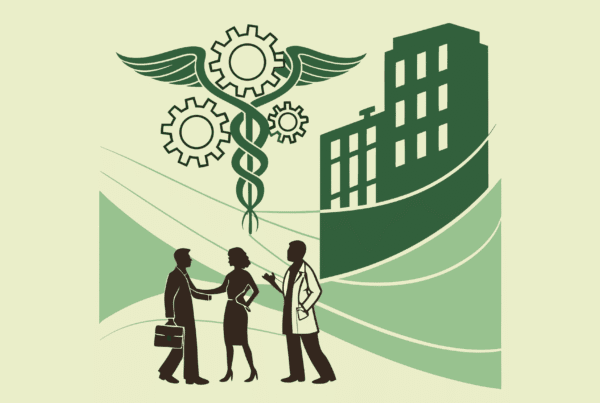 SovDoc healthcare M&A illustration showing compliance advisors for hospice care mergers, with medical caduceus and merging facilities symbolizing the regulatory complexity in healthcare practice acquisitions