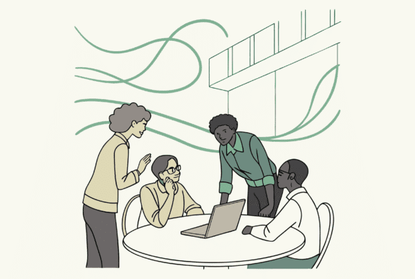 Healthcare professionals collaborate around a conference table with a memory care center design in the background, representing SovDoc's expertise in compliance and M&A advisory services for memory care facilities.