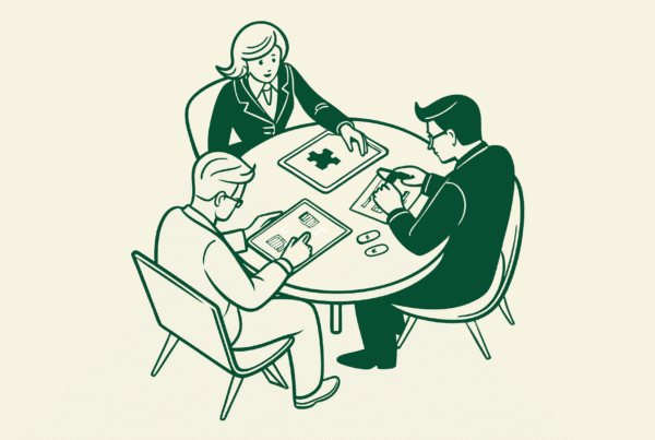 SovDoc healthcare M&A roundtable discussion with compliance lawyers specializing in palliative care practice mergers and acquisitions, reviewing regulatory documentation and healthcare compliance diagrams.