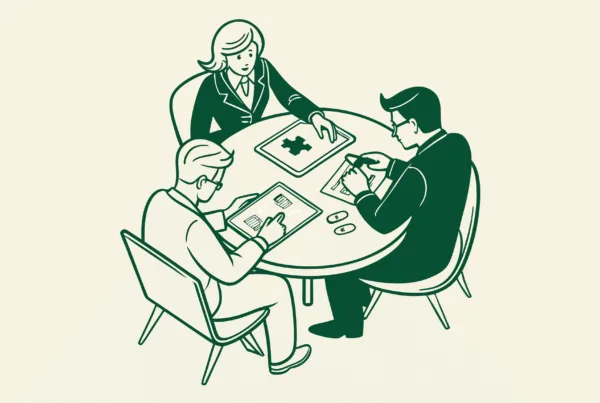 SovDoc healthcare M&A roundtable discussion with compliance lawyers specializing in palliative care practice mergers and acquisitions, reviewing regulatory documentation and healthcare compliance diagrams.