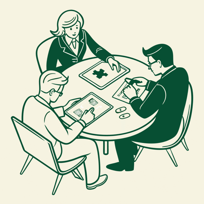 SovDoc healthcare M&A roundtable discussion with compliance lawyers specializing in palliative care practice mergers and acquisitions, reviewing regulatory documentation and healthcare compliance diagrams.