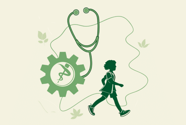 Stylized illustration of medical symbols with therapy scene for SovDoc, a healthcare M&A firm specializing in pediatric physical therapy practice mergers and acquisitions compliance advisory services.